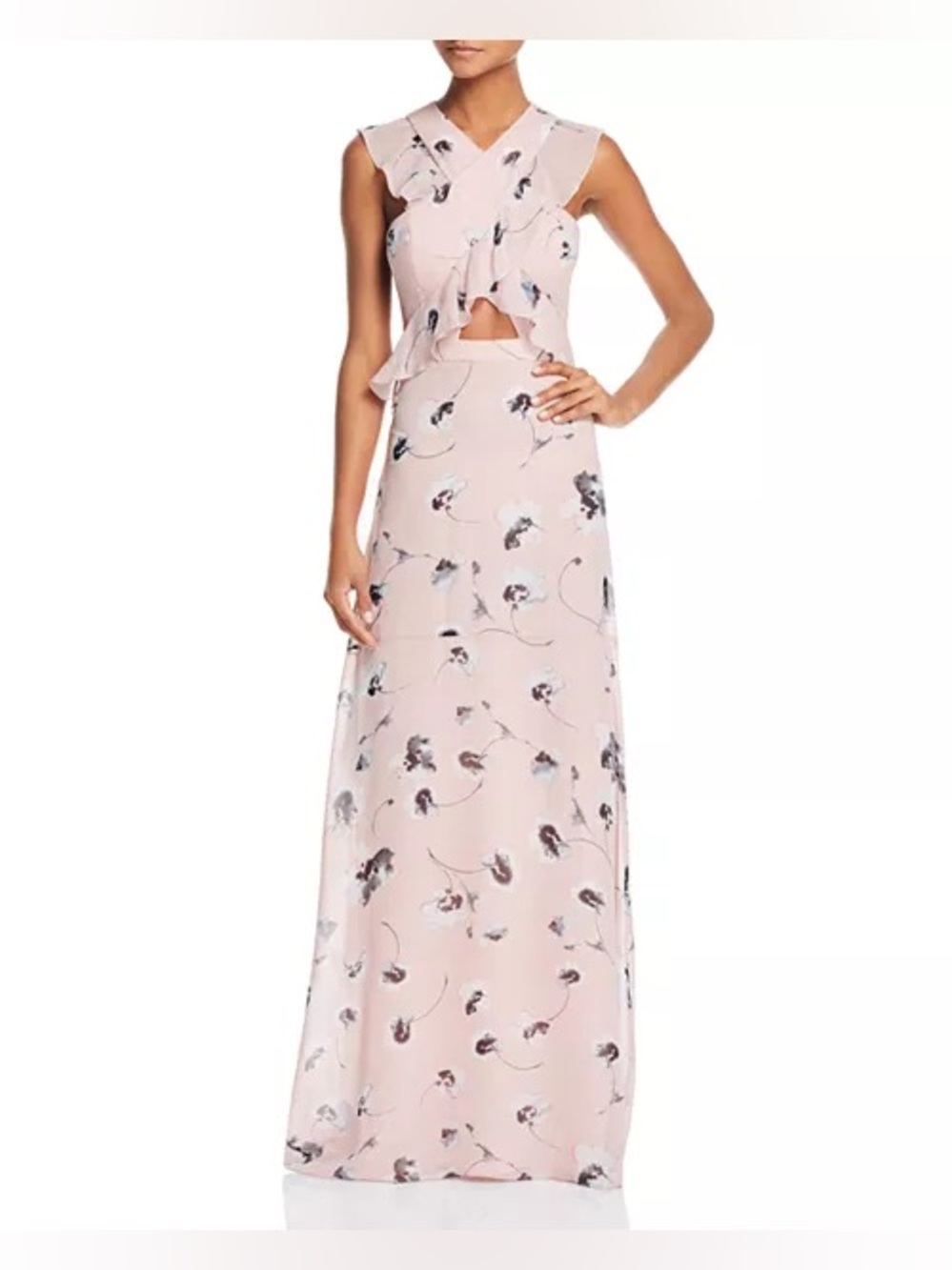 NWT BCBGMAXAZRIA Ruffle Cross-Front Gown Floral Pink Sleeveless Maxi Dress